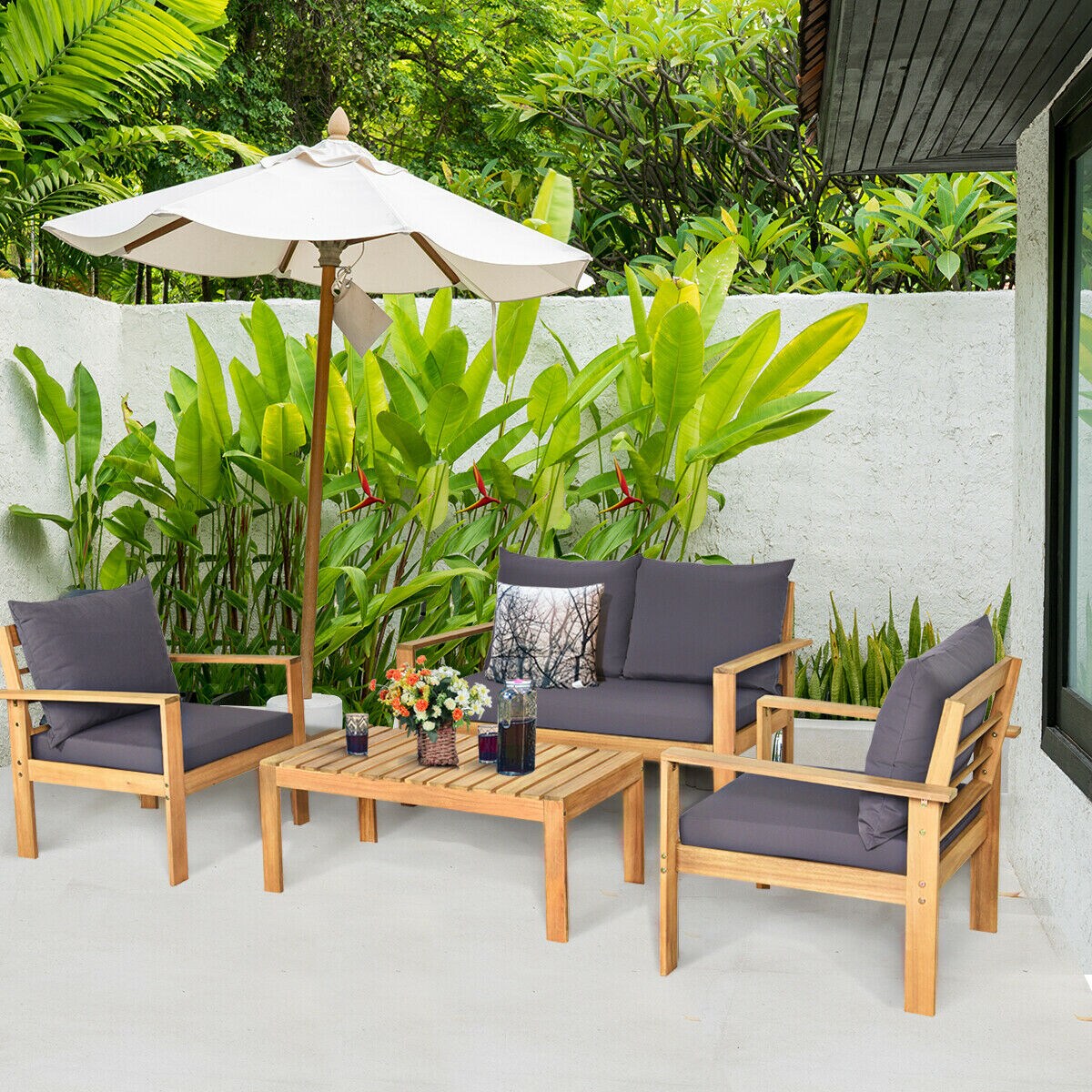 4 Piece Outdoor Acacia Wood Chat Set with Removable Cushions and Table