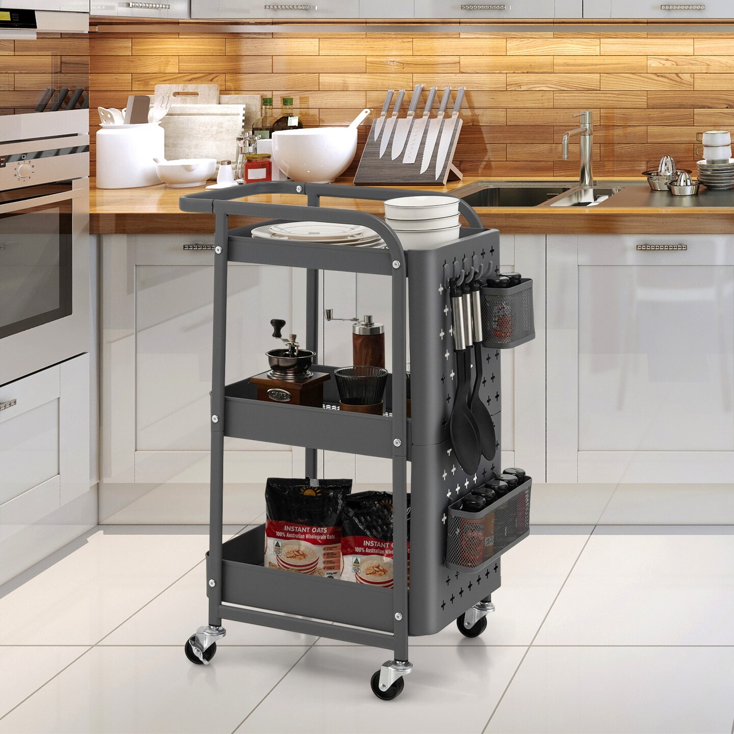 3-Tier Utility Storage Cart with DIY Pegboard Baskets