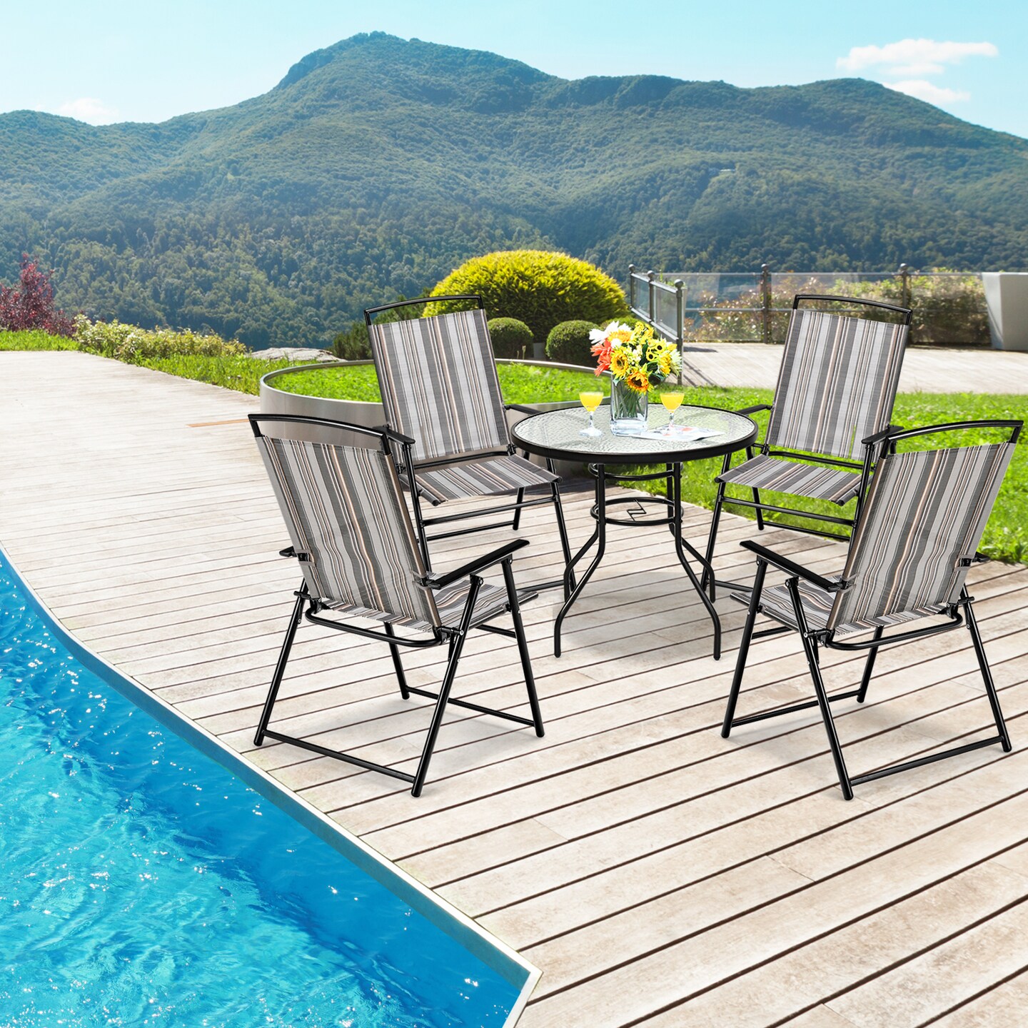 Set of 2 Patio Folding Sling Chairs Space-saving Dining Chair-Grey