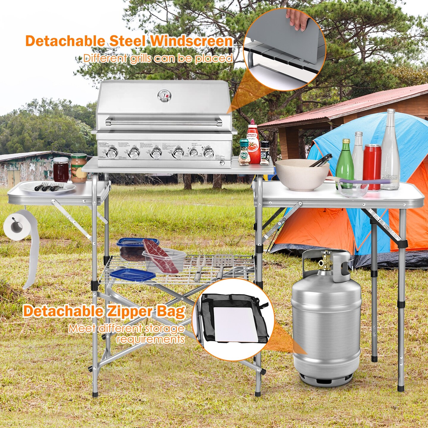 Fold-able Outdoor BBQ Portable Grilling Table With Windscreen Bag