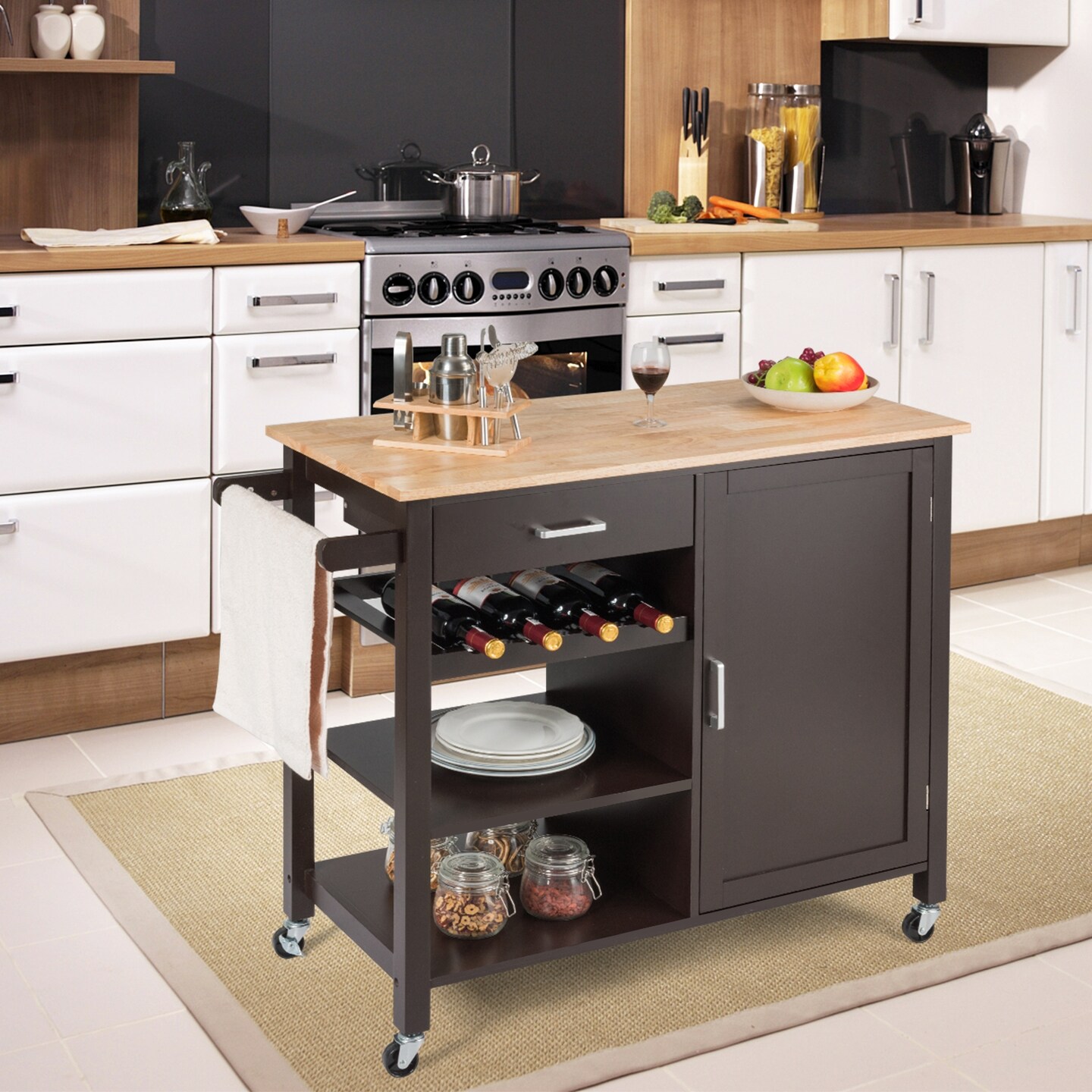 Kitchen Island Cart Rolling Serving Cart Wood Trolley with Adjustable Shelf