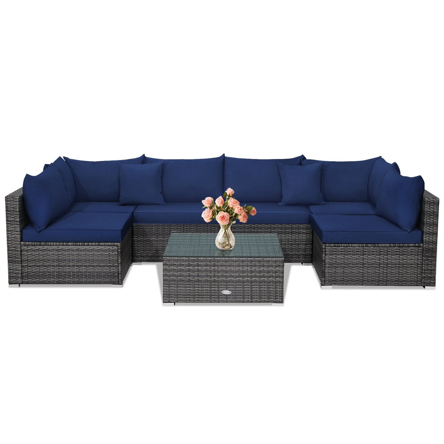 7 Pieces Patio Rattan Furniture Set Sectional Sofa Garden Cushion
