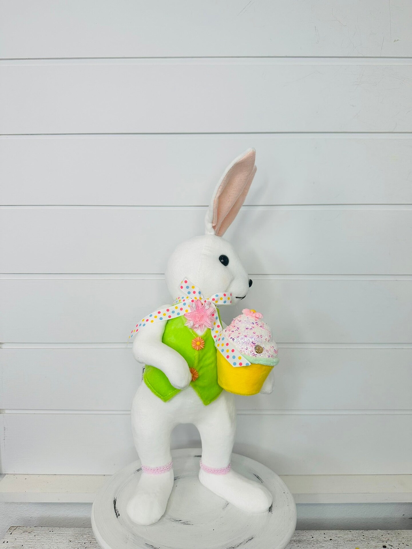 15.25&#x22; Set of 2 Styrofoam Standing Bunnies with Cupcake - White and Pastel Spring Decorations- Easter Home Decor (MT26006)