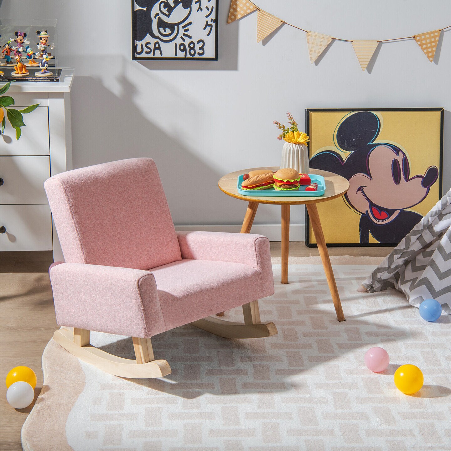 Kids Rocking Chair with Solid Wood Legs and Padded Seat