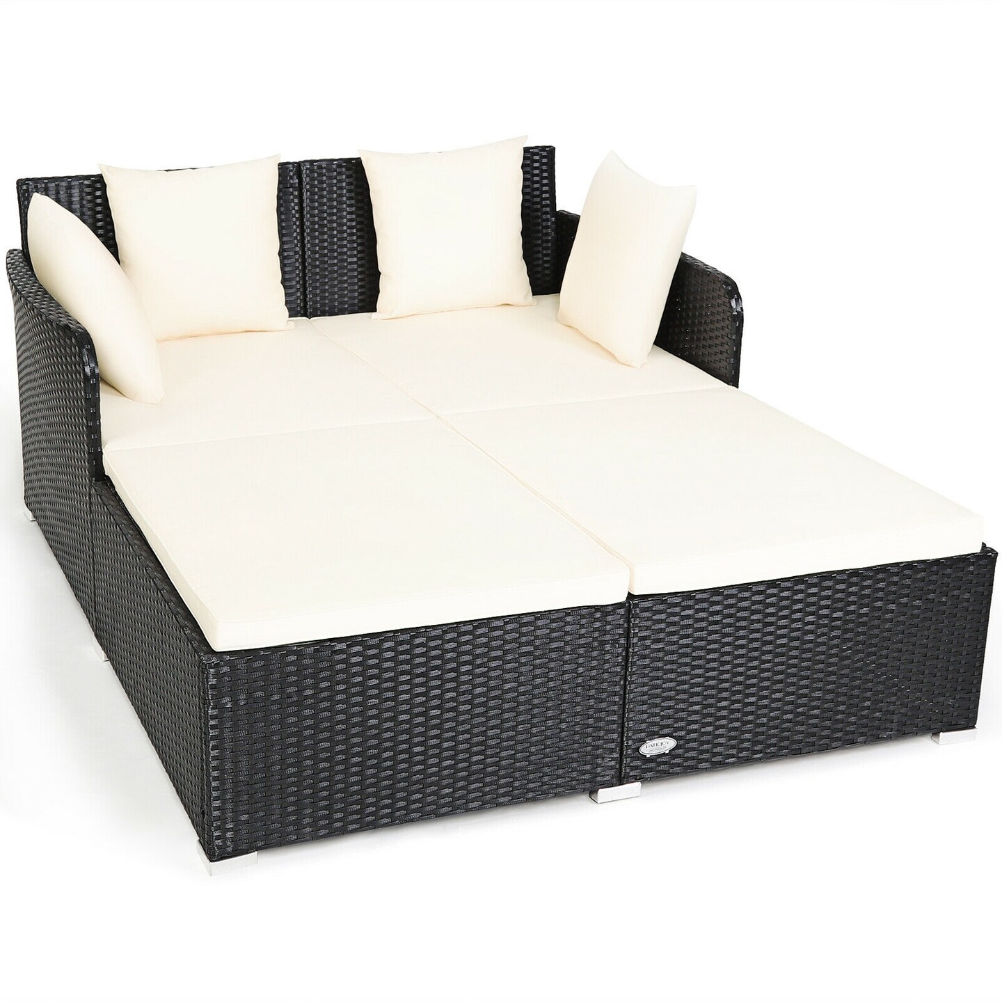 Spacious Outdoor Rattan Daybed With Upholstered Cushions And Pillows