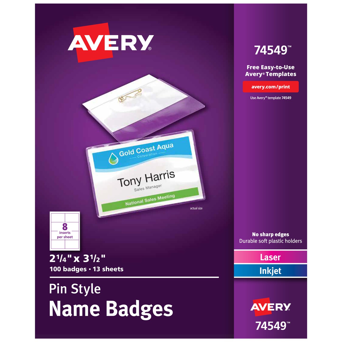 Avery Customizable Name Badges with Pins, 2.25" x 3.5", Clear Name Tag Holders with White Printable Inserts, 100 Pin Style Name Badges (74549)