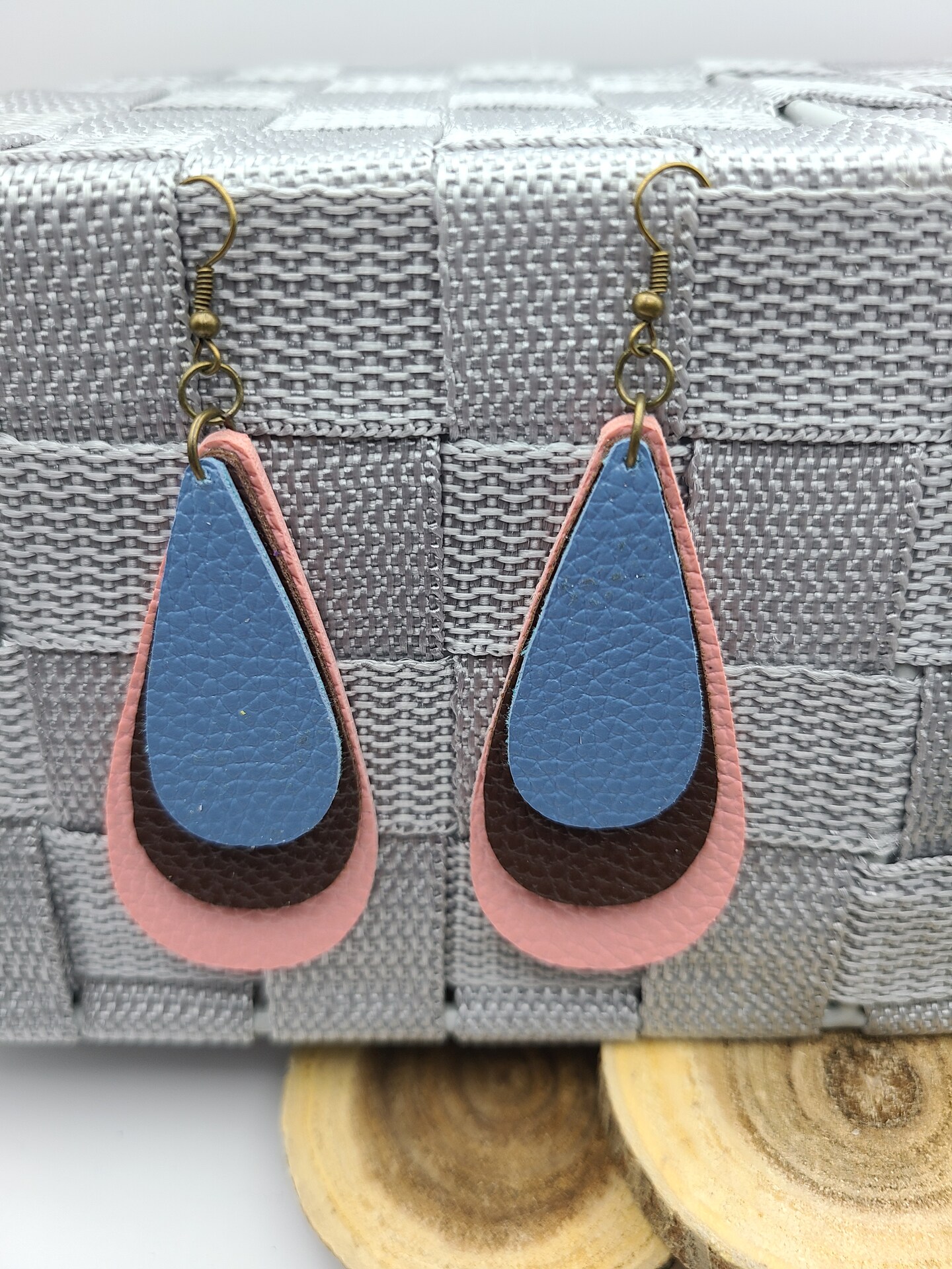 Brown, Pink, and Blue Faux Leather Earrings, Lightweight, Dangle