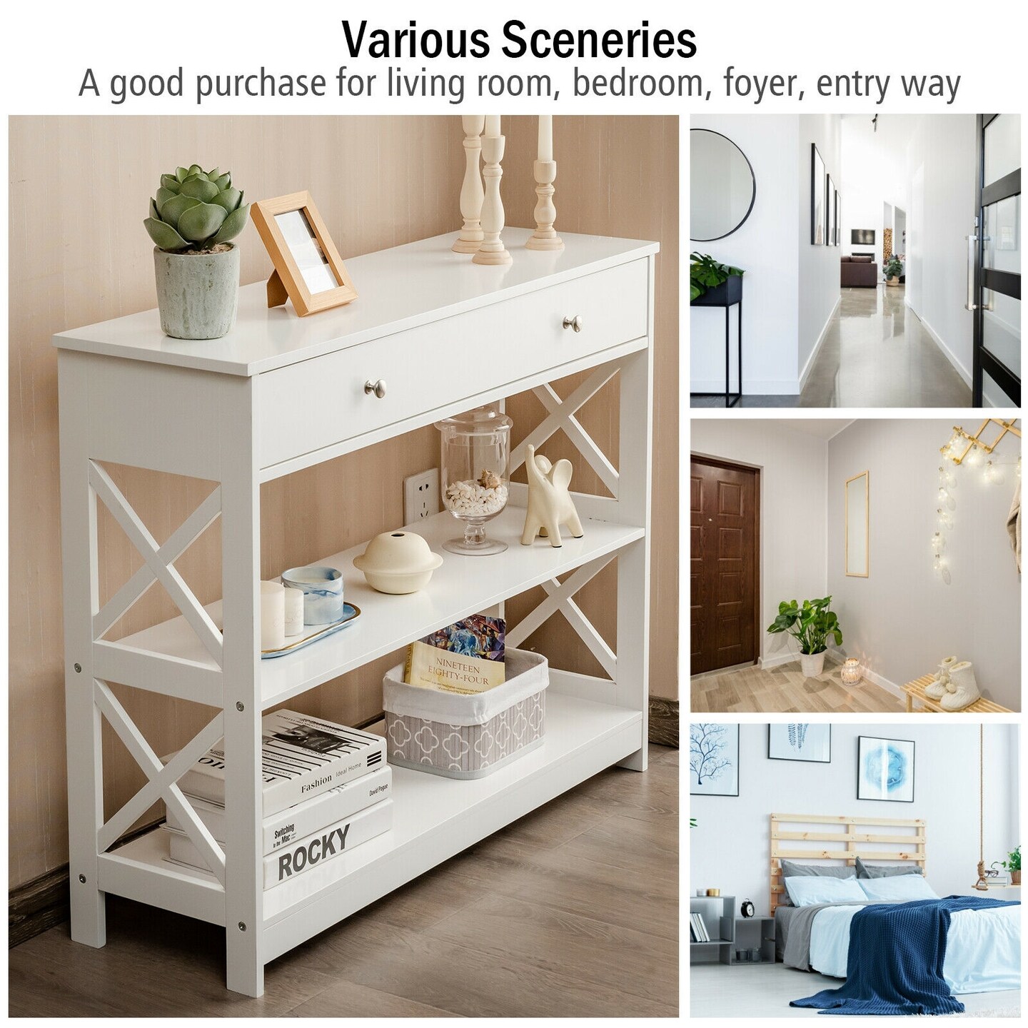 3-Tier Console Table with Drawers for Living Room Entryway