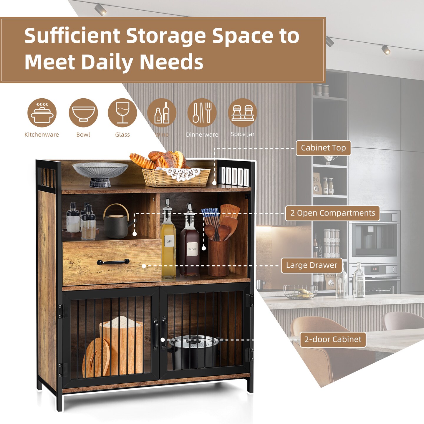 Industrial Sideboard Cabinet with Open Shelves Drawer and Countertop Rustic Brown