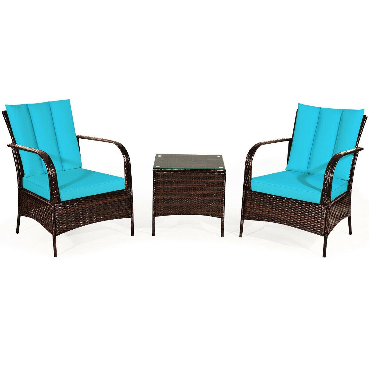 3 Pcs Patio Conversation Rattan Furniture Set with Glass Top Coffee Table and Cushions