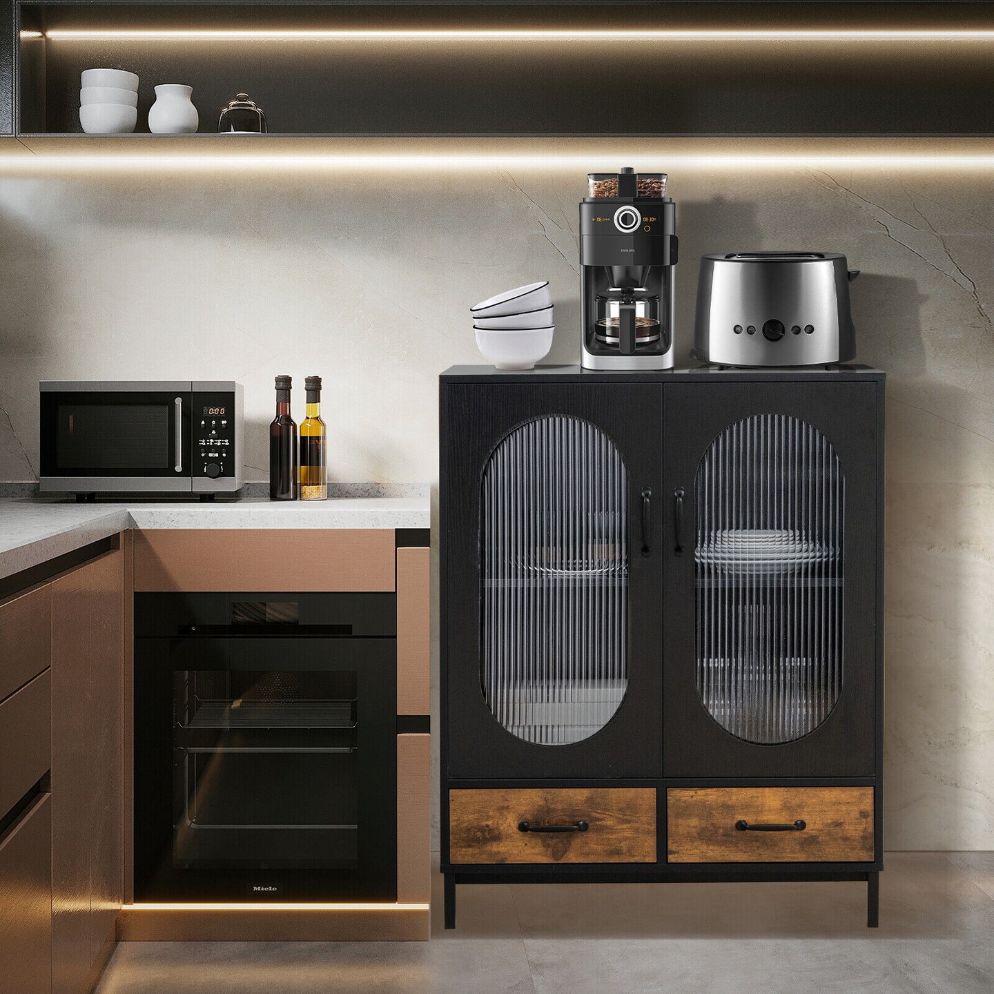 Kitchen Industrial Buffet Sideboard With Tempered Glass Doors