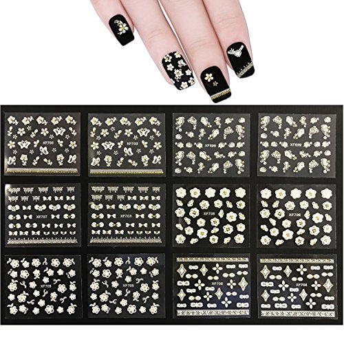 Wrapables 50 Sheets White Flowers & Bows with Gold Rhinestone Nail Stickers Nail Art 3D Nail Decals