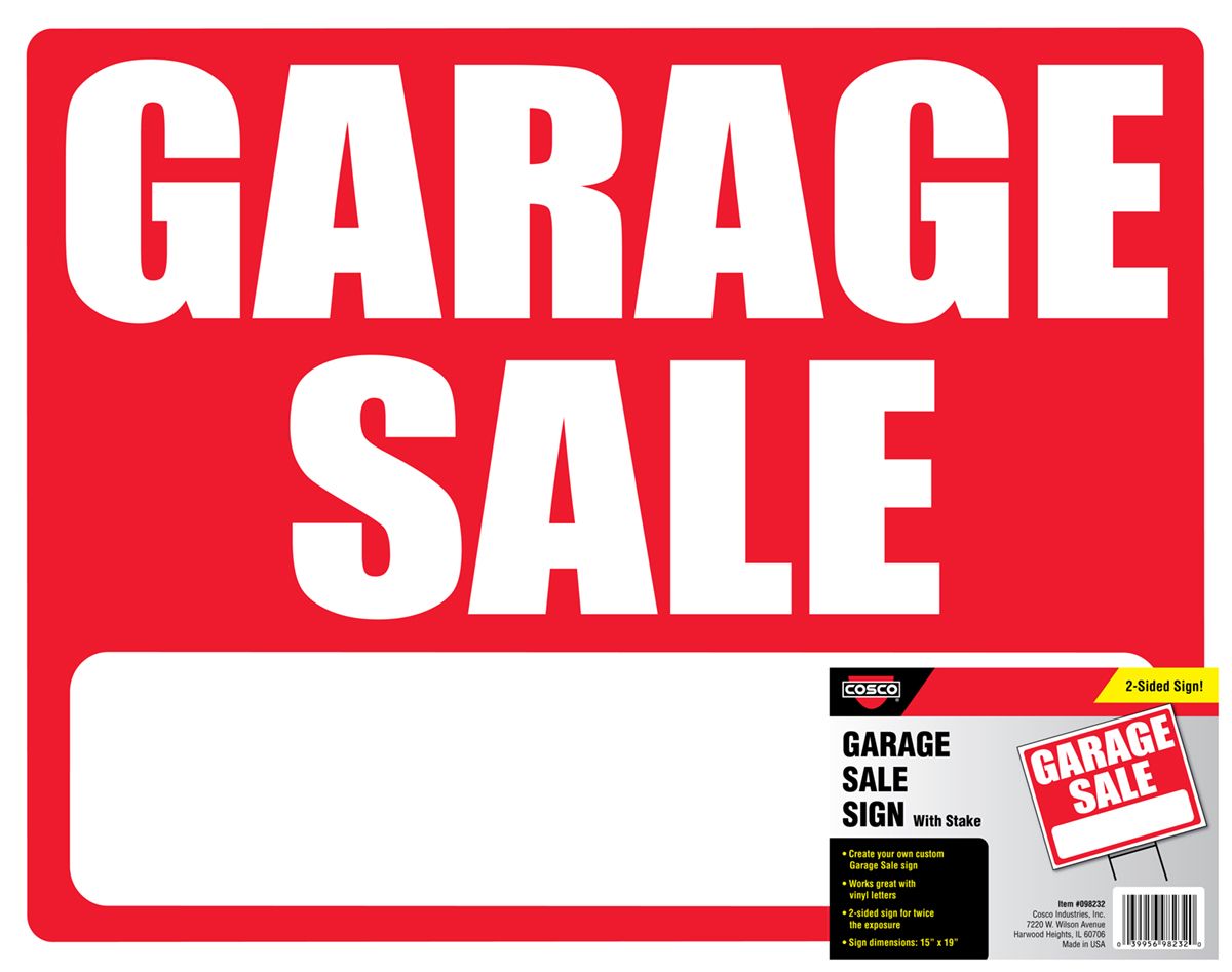 COSCO 2-Sided Sign with Stake, GARAGE SALE, 15" x 19", White Plastic Corrugate with Red Imprint, H-Stake Included