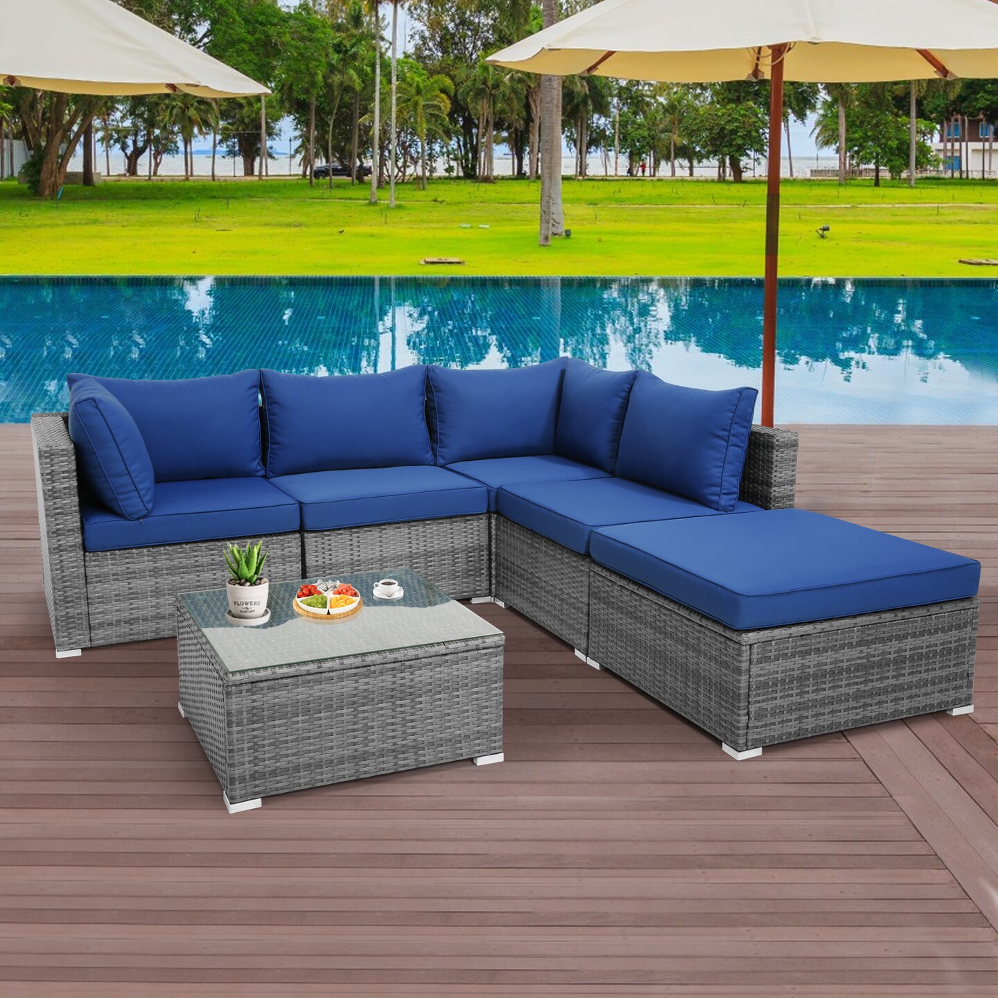 6 Pieces Outdoor Rattan Sofa Set with Seat and Back Cushions-Navy