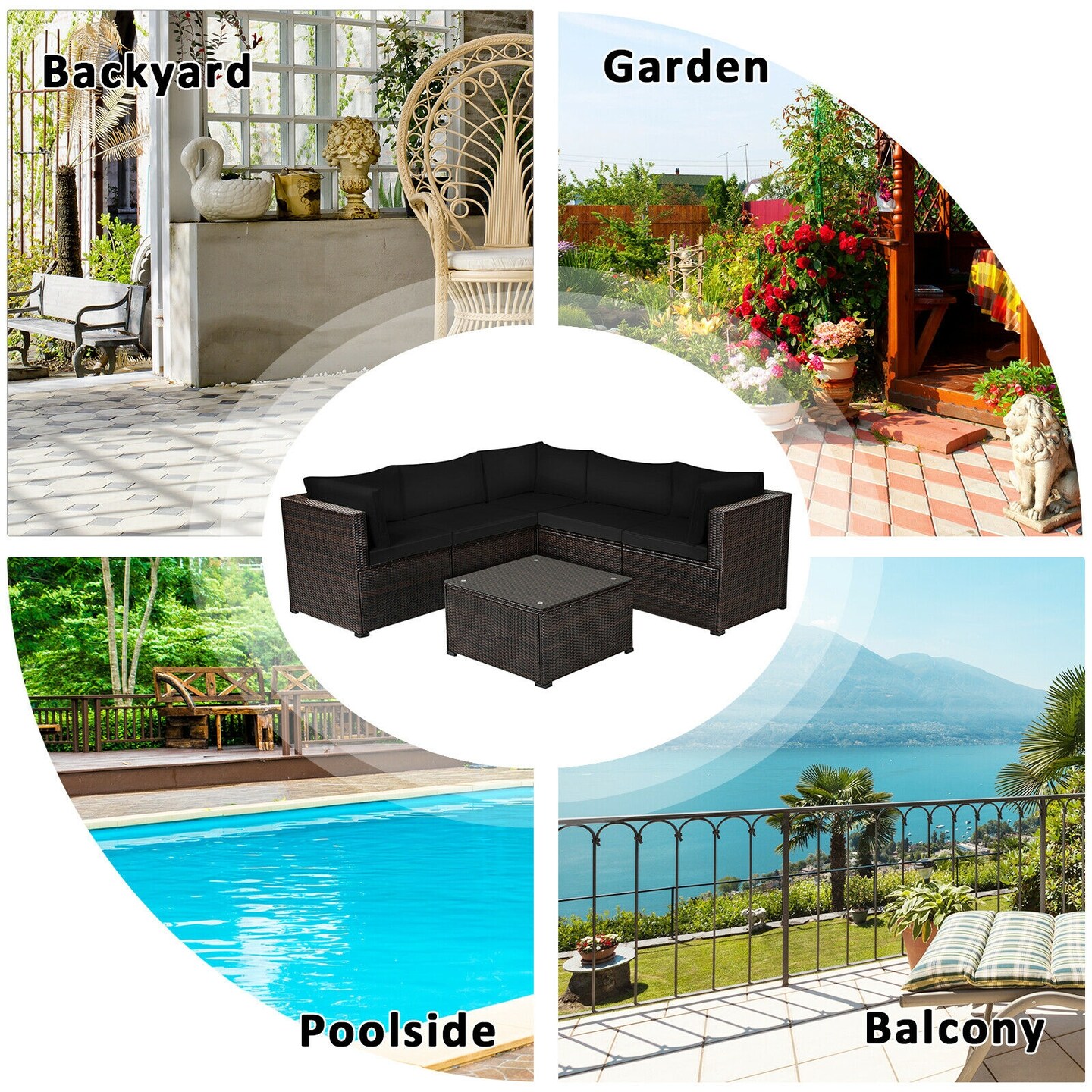 6 Pieces Patio Rattan Furniture Set Sectional Cushioned Sofa Deck