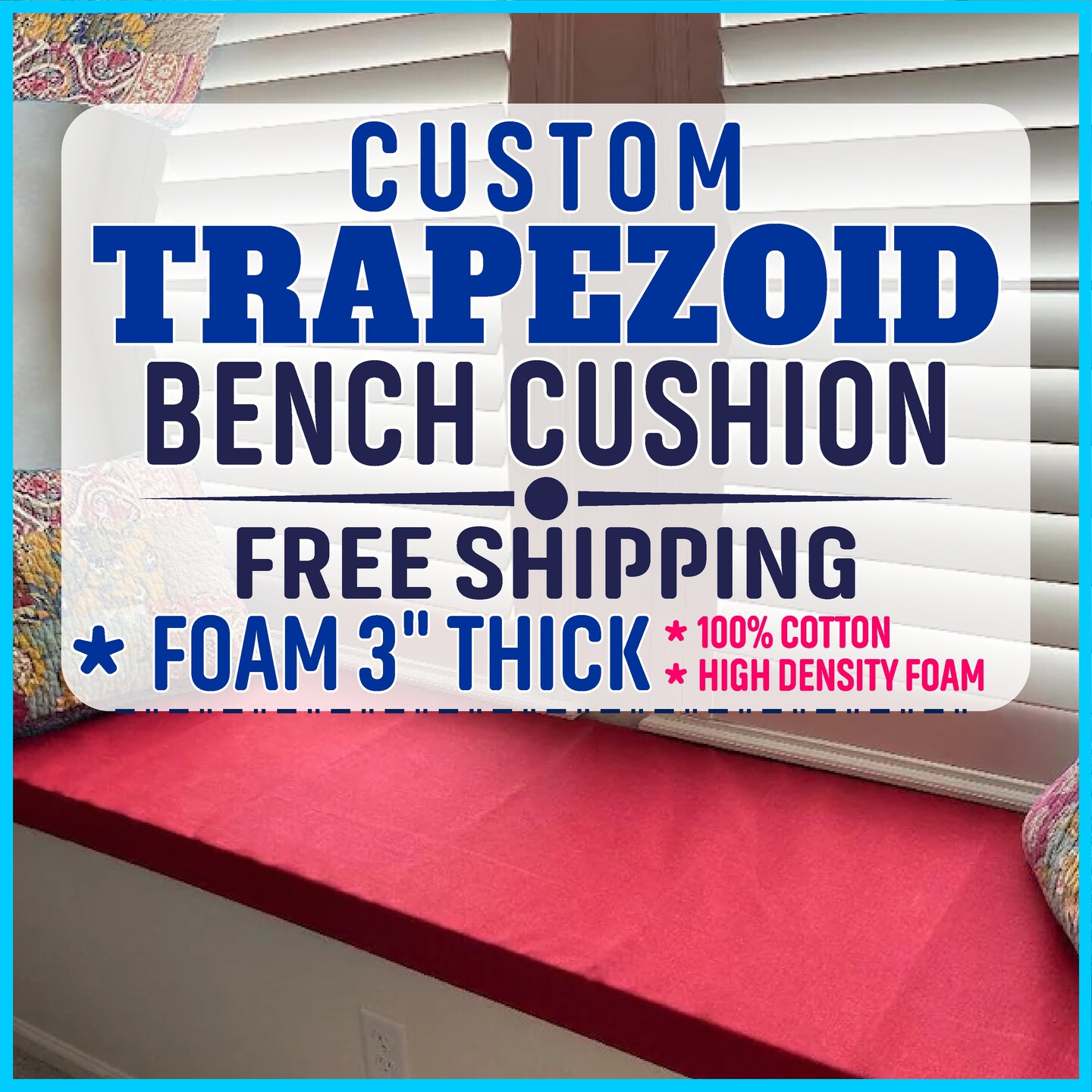 3" thick Custom Bay Window Bench Cushion TRAPEZOID SHAPE, ODD shape