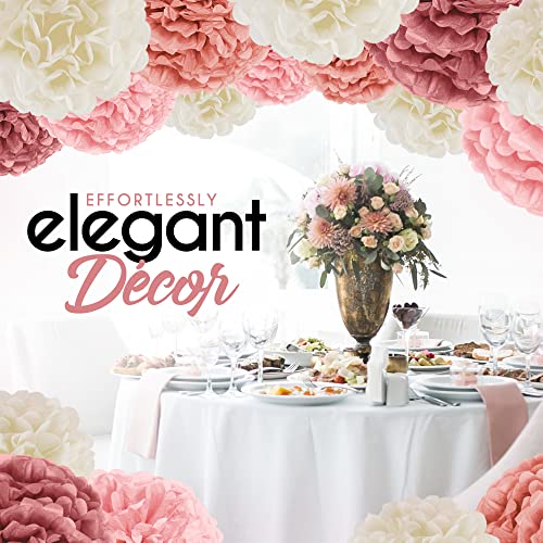 20 Piece Tissue Paper Pom Poms | Blush Pink, Dusty Rose, Mauve & Cream | Colorful Paper Flower Wall Decorations for Bridal Showers, Baby Showers, Weddings, Graduations, Tea Parties & More