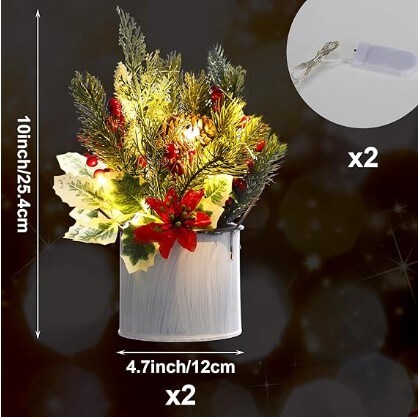Artificial Christmas Table Decorations (Set of 6) Mini Christmas Centerpiece 10" LED-Lighted Potted Tree Red Berries with Pine Cones Artificial Plants for Christmas Tabletop with Sturdy Stand
