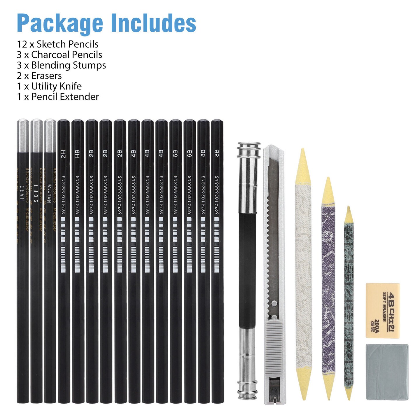 22Pcs Professional Sketch Pencils+Charcoal