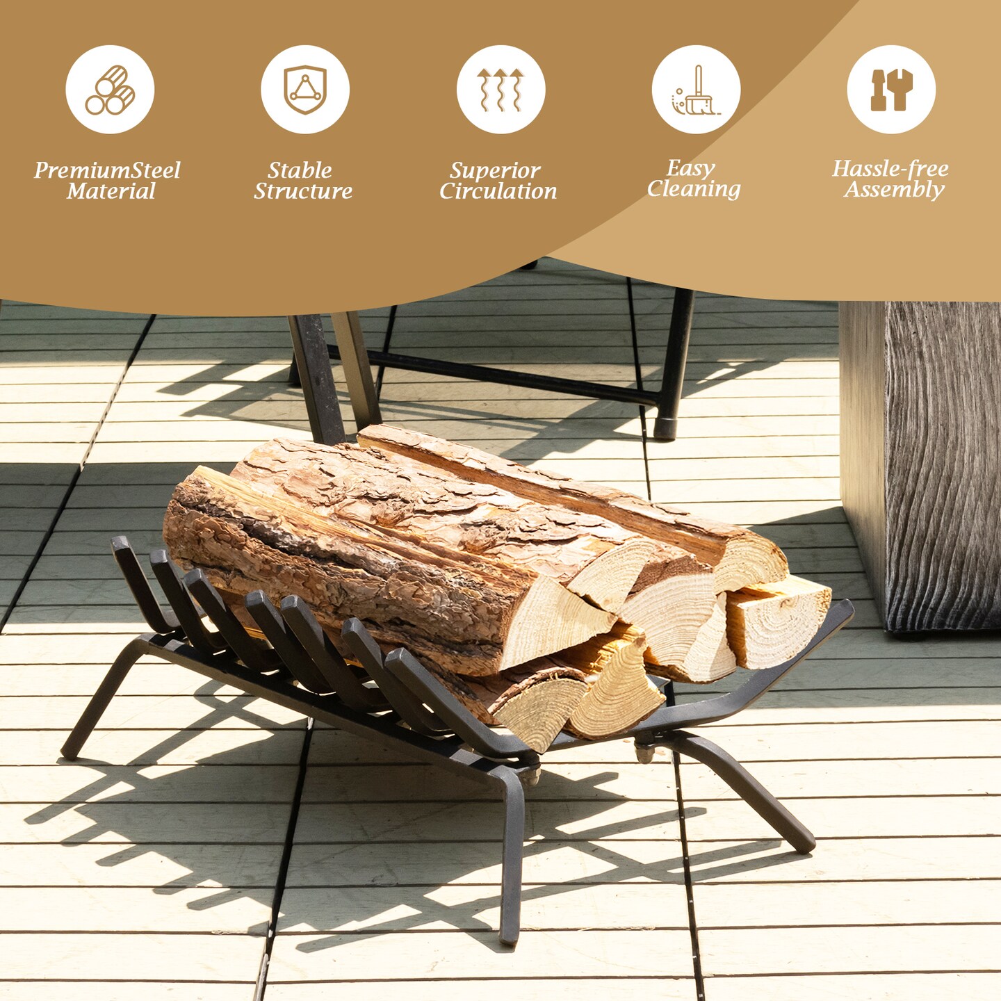 Black Metal Fireplace Grate for Outdoor Fire Pit with V-Shaped Design