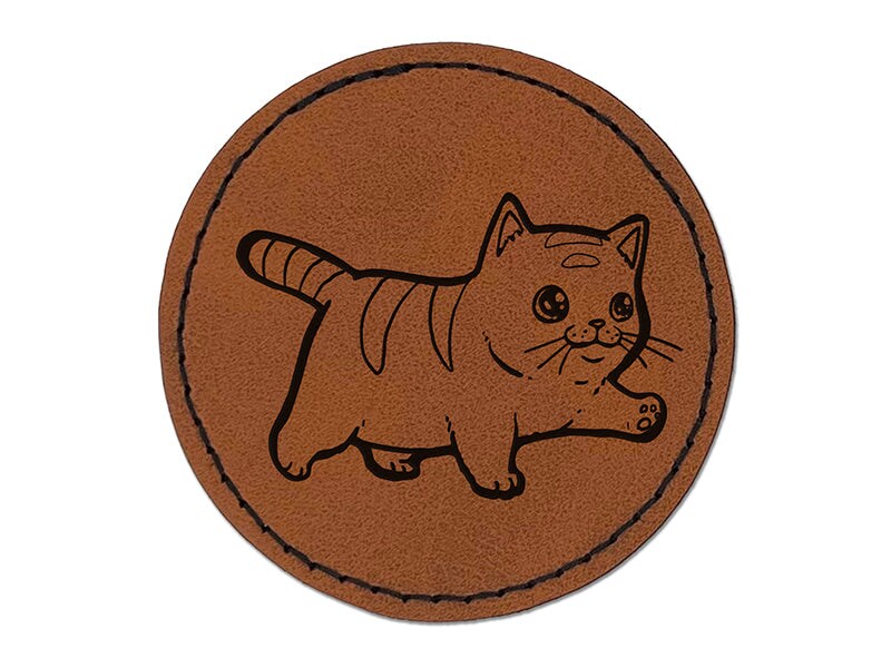 Cute Chubby Munchkin Cat Walking with Conviction Round Iron-On Engraved Faux Leather Patch Applique - 2.5&#x22;
