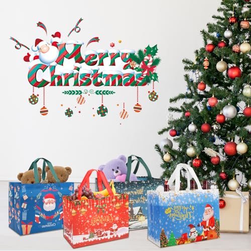 12 Pieces Large Reusable Christmas Tote Bags with Handles, Christmas Treat Bags, Multifunctional Non-Woven Christmas Bags for Gifts Wrapping, Shopping, Xmas, Party Favor Bags, 12.8&#x22; x 9.8&#x22; x 6.7&#x22;