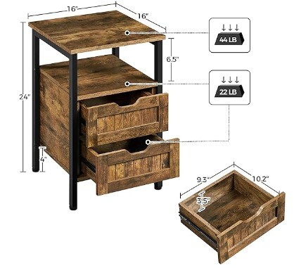 Nightstands Set of 2, Rustic Brown, Wood Bedside Table with 2 Drawer and Open Shelf, Bedside Cupboard Storage Cabinet Unit with Metal Frame for Bedroom/Small Space
