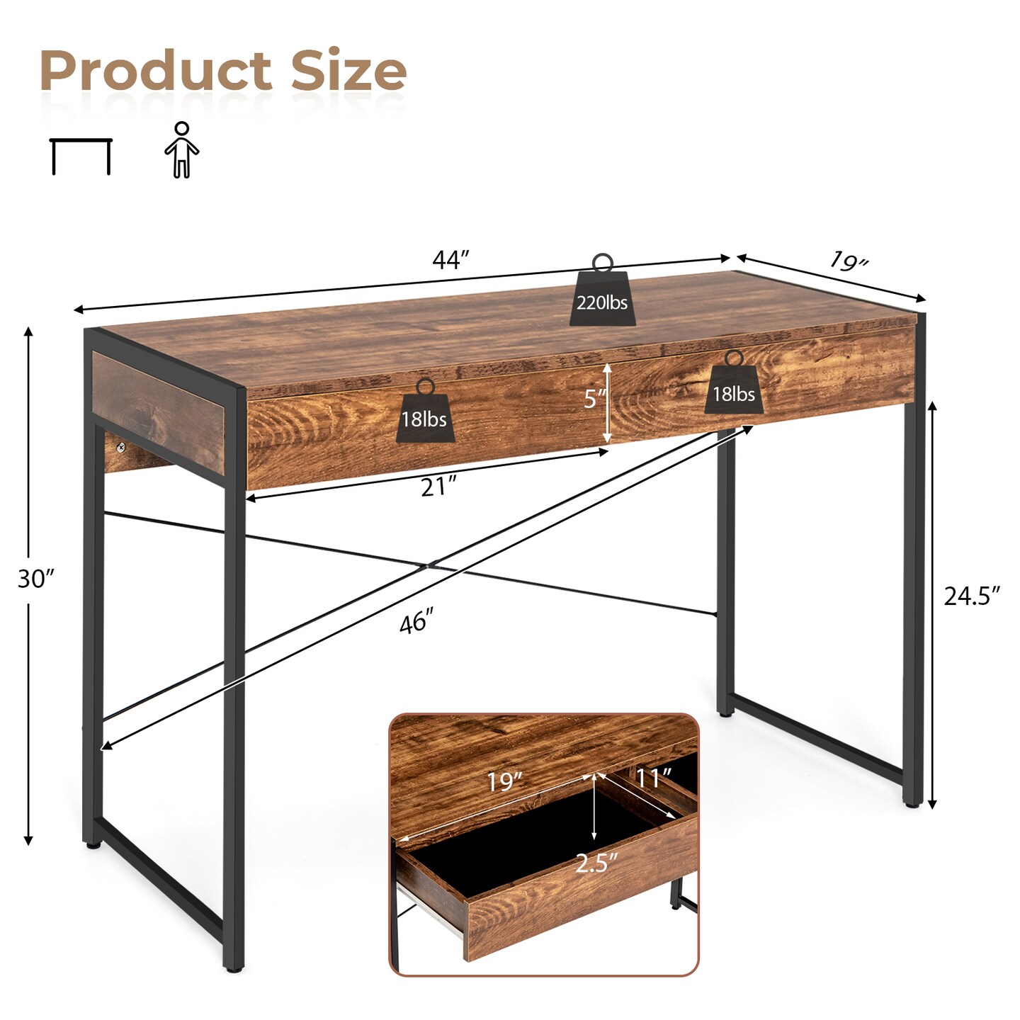 44 Inch Home Office Desk with 2 Separate Drawers and Steel Frame
