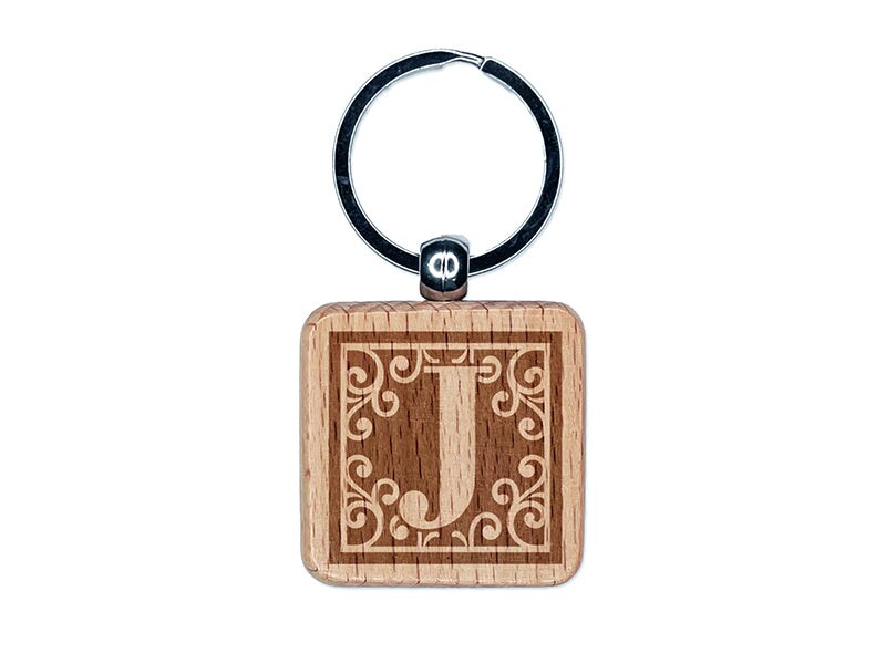 Monogram Swirls Capital Letter J Engraved Wood Square Keychain Tag Charm