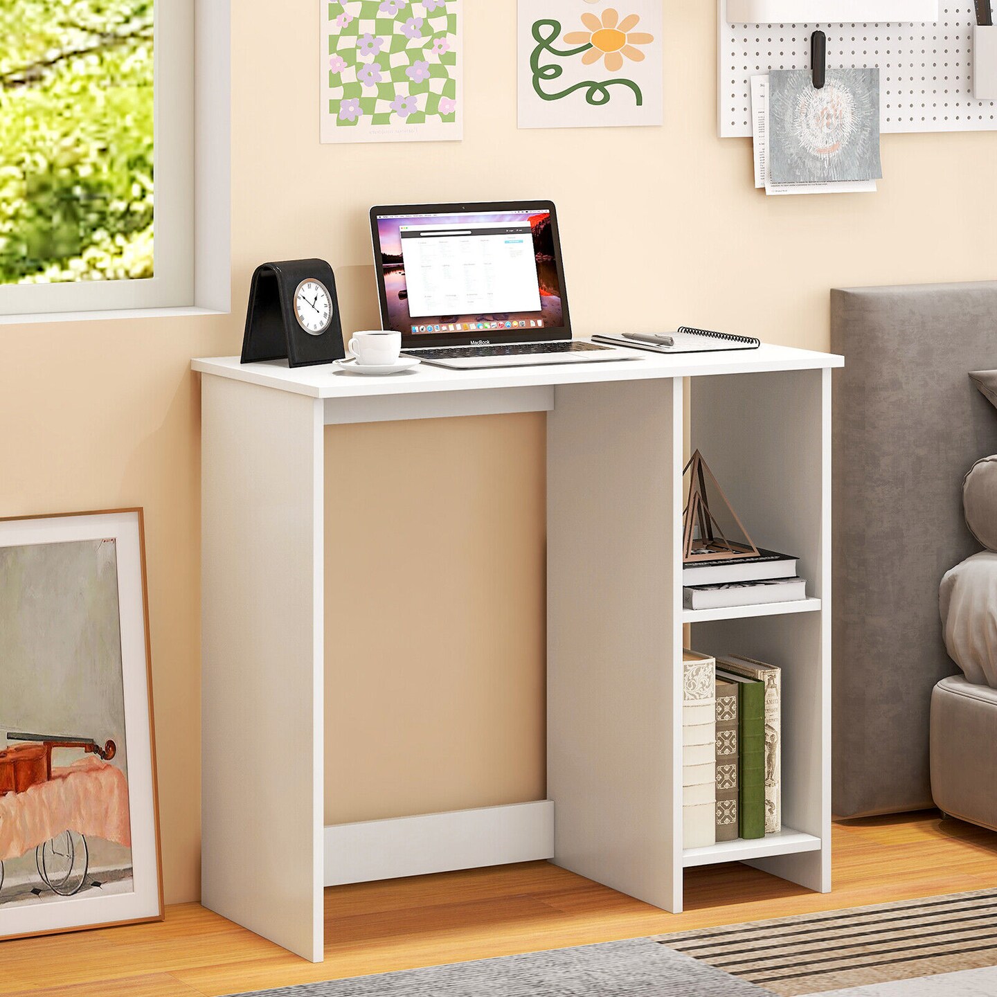 Minimalist 31.5" Writing Desk with Storage White Compact Workstation for Small Rooms