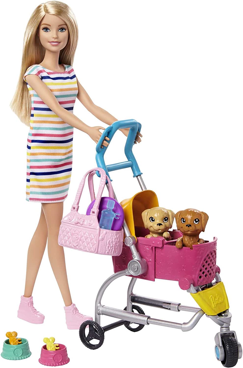 Barbie Dogwalking Doll &#x26; Accessories, Stroll &#x26; Play Pups Playset with Transforming Stroller, 2 Pets &#x26; Handbag, Blonde Doll