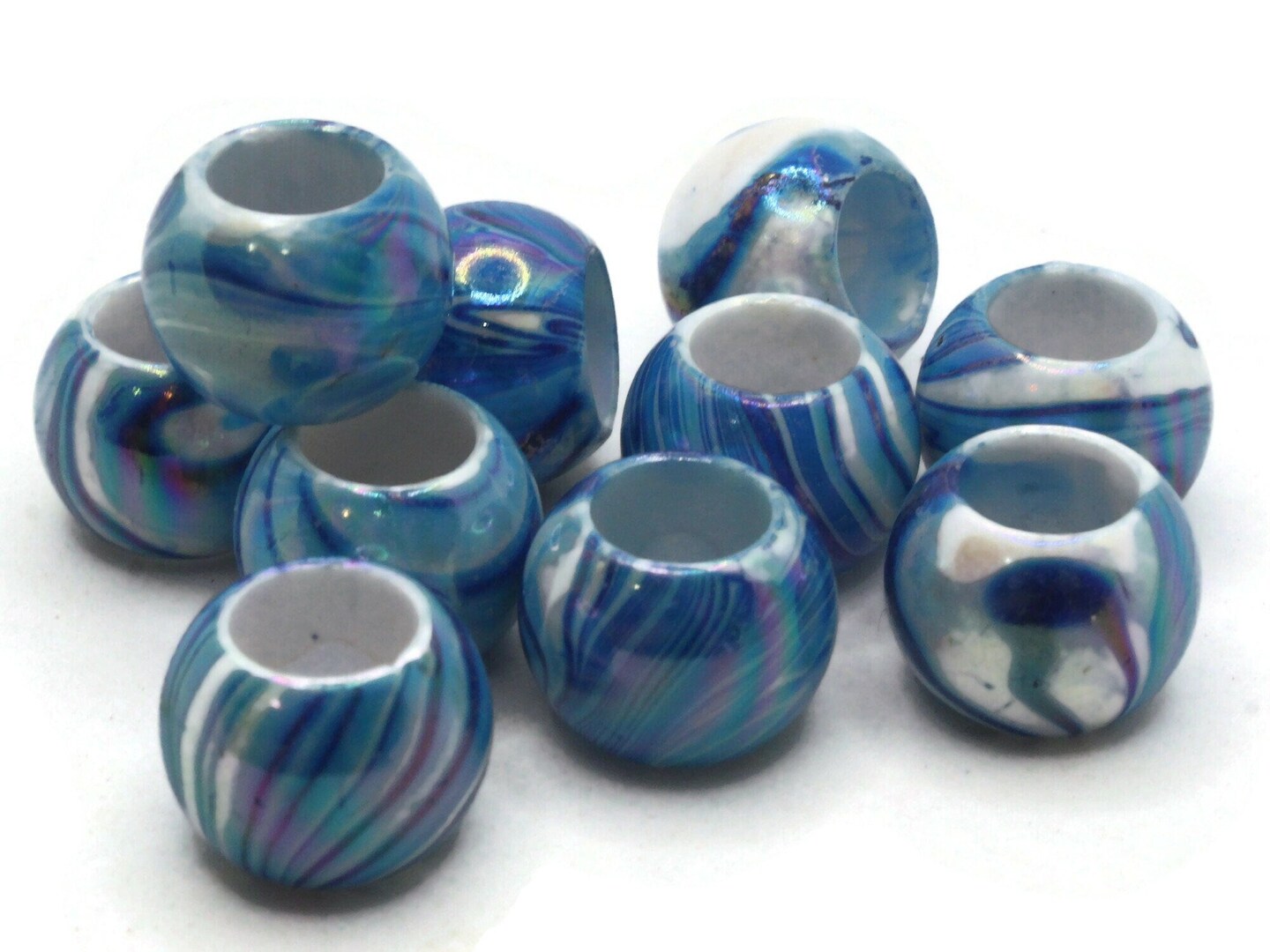 10 17mm Large Hole Macrame Blue Marbleized Round Plastic Beads