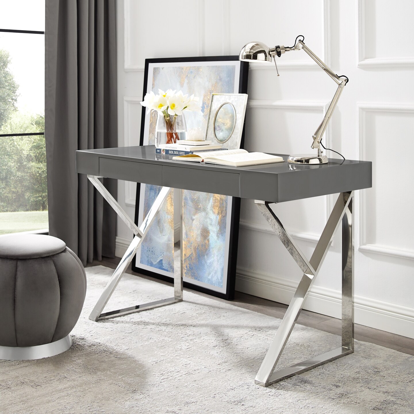 Biaochi High Gloss 2 Drawer Metal Leg Modern Desk Michaels