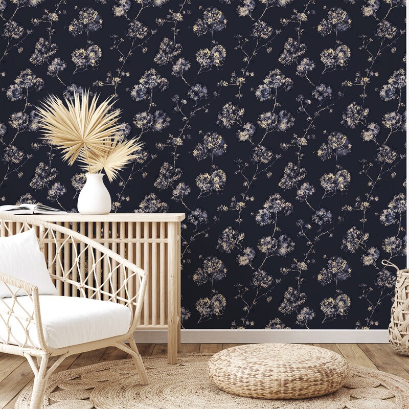 Tempaper Sun-Bleached Floral Peel and Stick Wallpaper Midnight Blue/Yellow