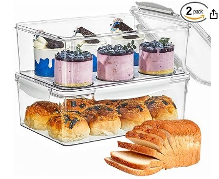 Bread Box Airtight Bread Storage Containers 2 Packs Stackable Bread Bin Large Bread Keeper for Homemade Bread, Clear Bread Box for Kitchen Countertop