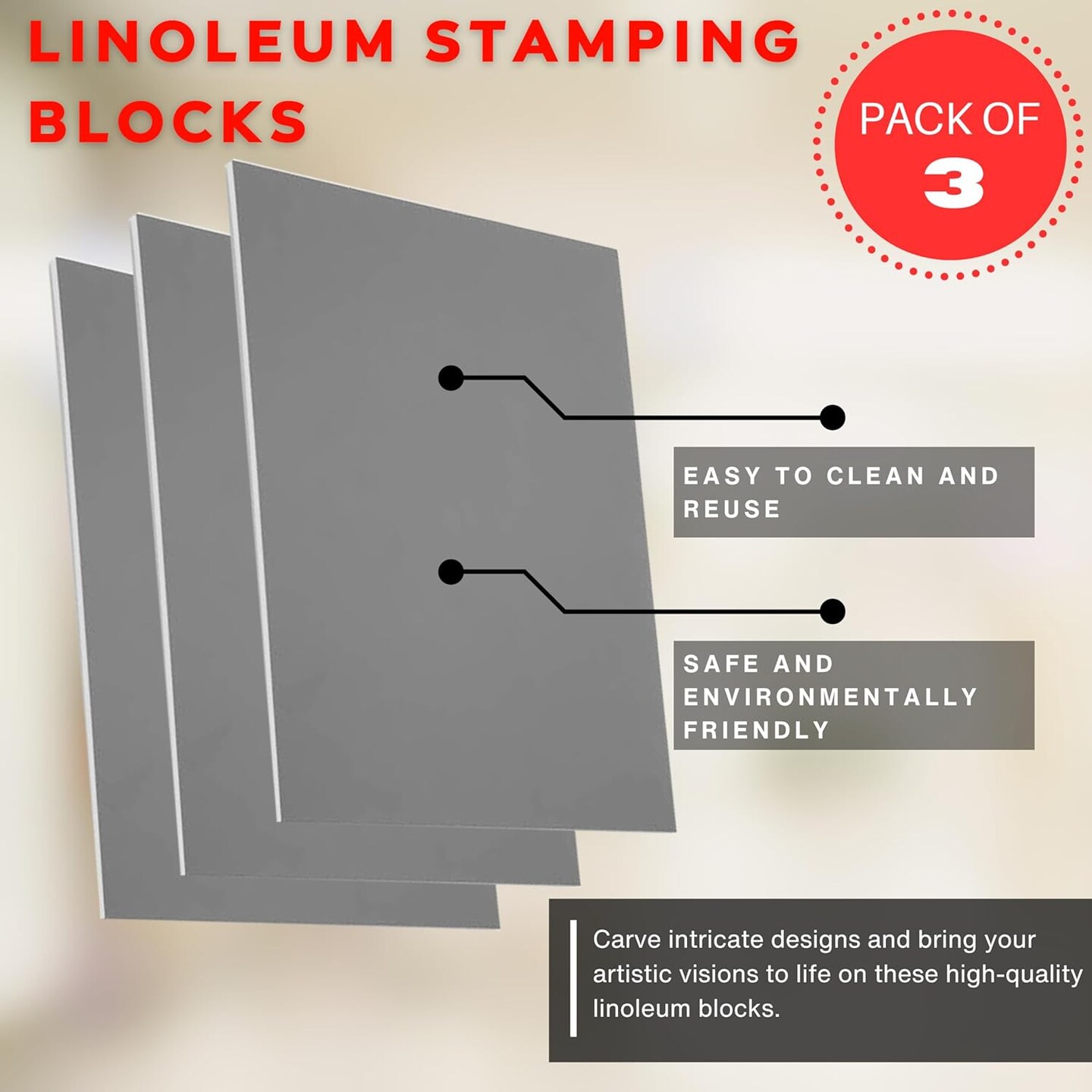 Pixiss Printmaking Supplies - Linoleum Blocks for Printmaking (3 Pack) 8&#x22;x10&#x22;x1/8&#x22; and Linocut Tools - Rubber Roller and Linocut Carving Tool for Block Printing Kit - Linoleum Stamp Making Kit