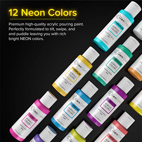 Neon Acrylic Pouring Paint 12 Colors - Pre-Mixed High Flow Ready to Pour - 2 oz./59 ml Bottles - Multi-Purpose Paints for Canvas, Paper, Rocks, Wood