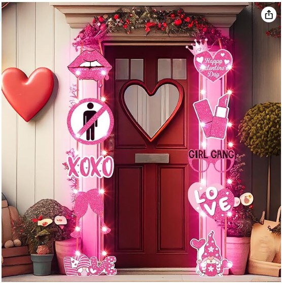 2 Set Happy Galentine's Day Banner Lighted Hanging Galentine Porch Signs Ladies Night Party Decorations with LED Lights Pink Heart Glitter Valentine's Day Lighted Garland, Batteries Included