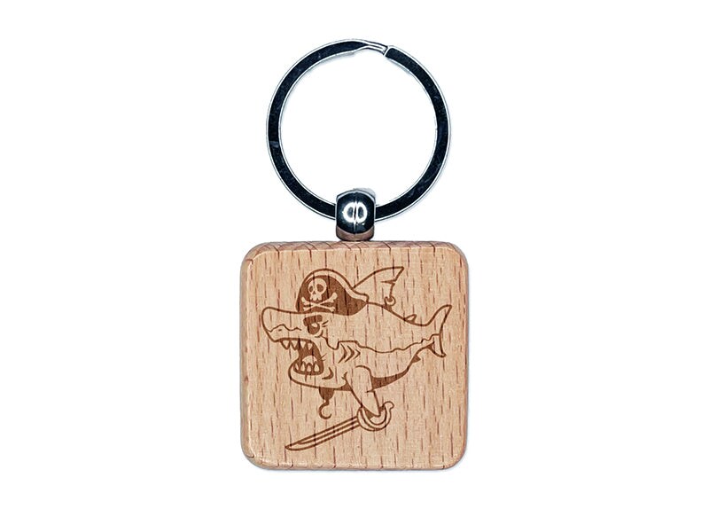 Pirate Shark with Hook and Sword Engraved Wood Square Keychain Tag Charm