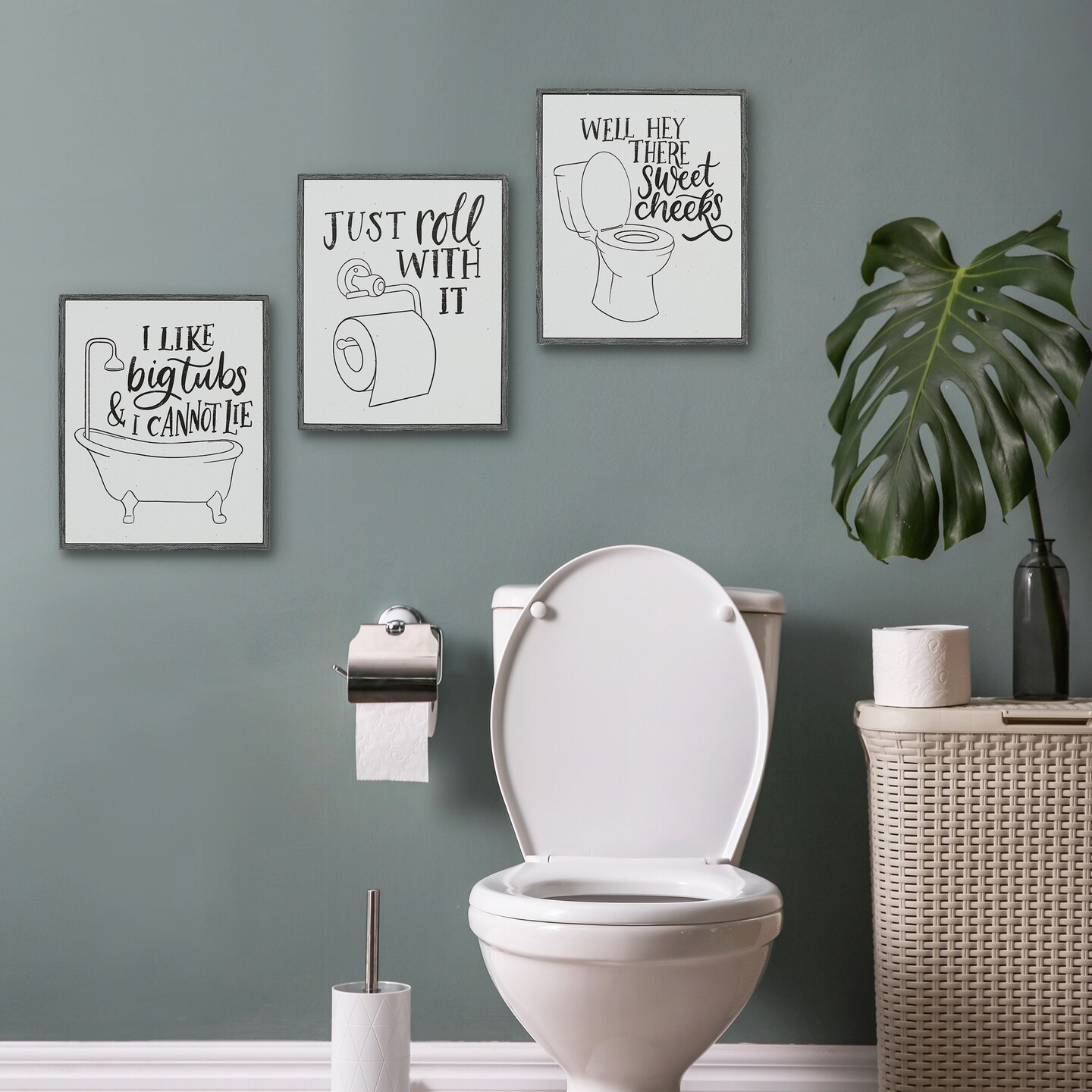 Americanflat Funny Bathroom Signs 3PK - Just Roll With It, I Like Big Tubs and Hello Sweet Cheeks - Three 8x10 Bathroom Signs for Wall Decor