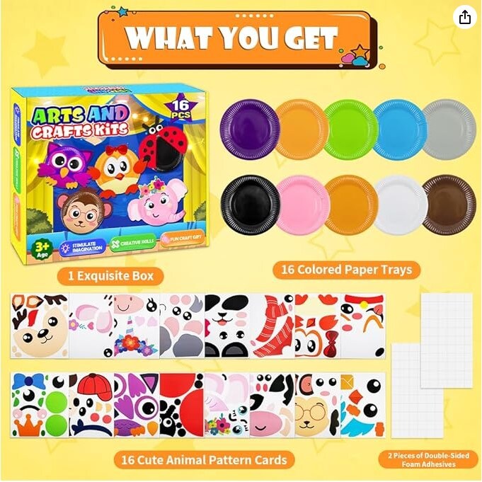 Toddler Crafts, 16 Pack Arts and Crafts for Kids Animal Paper Plate Art Kit for Boys and Girls Ages 3 to 6 DIY Birthday Party Favors for Kids Games for Preschool Classroom Christmas Parties