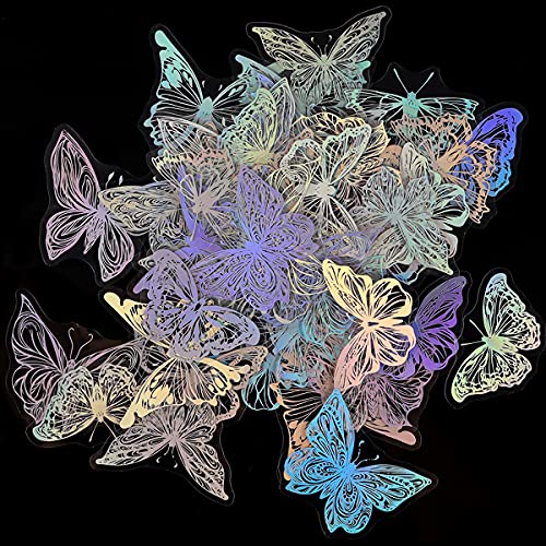 45 Pieces Holographic Glitter Butterfly Stickers, Vintage Butterfly Waterproof Transparent Decorative Decals, PET Adhesive Sticker Label for Scrapbooking Bullet Journal Daily Planner Water Bottles Laptops