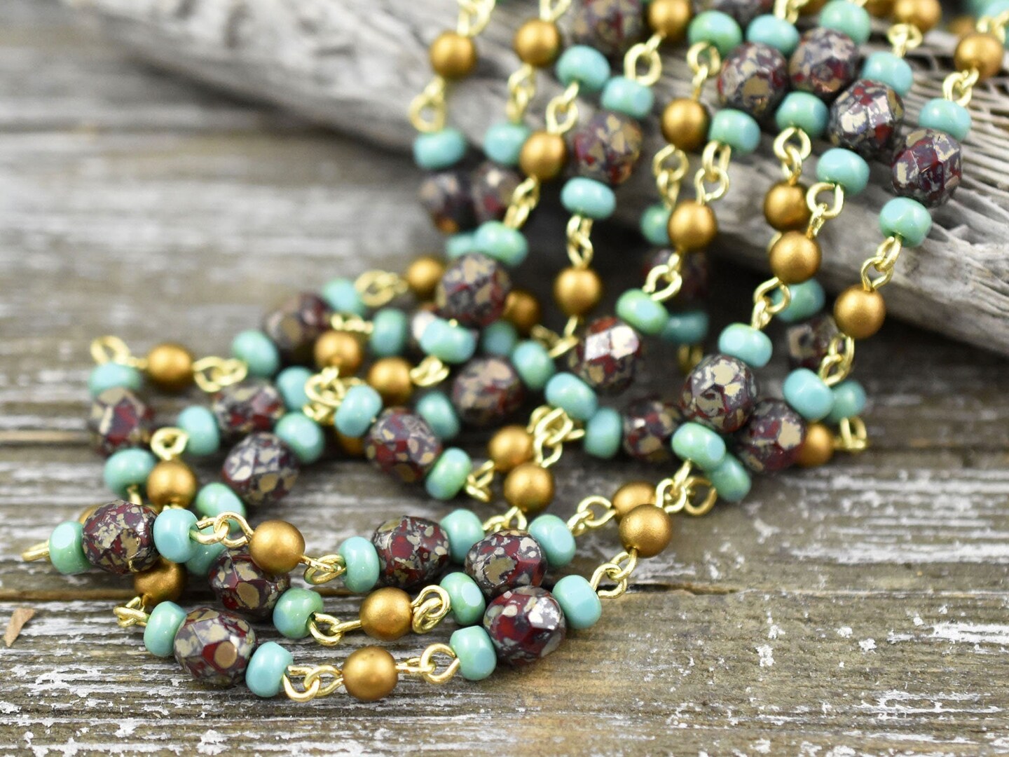 Czech Glass Southwest Blend Turquoise Tri Cut Beaded Chain with Gold Links -- Sold by the foot