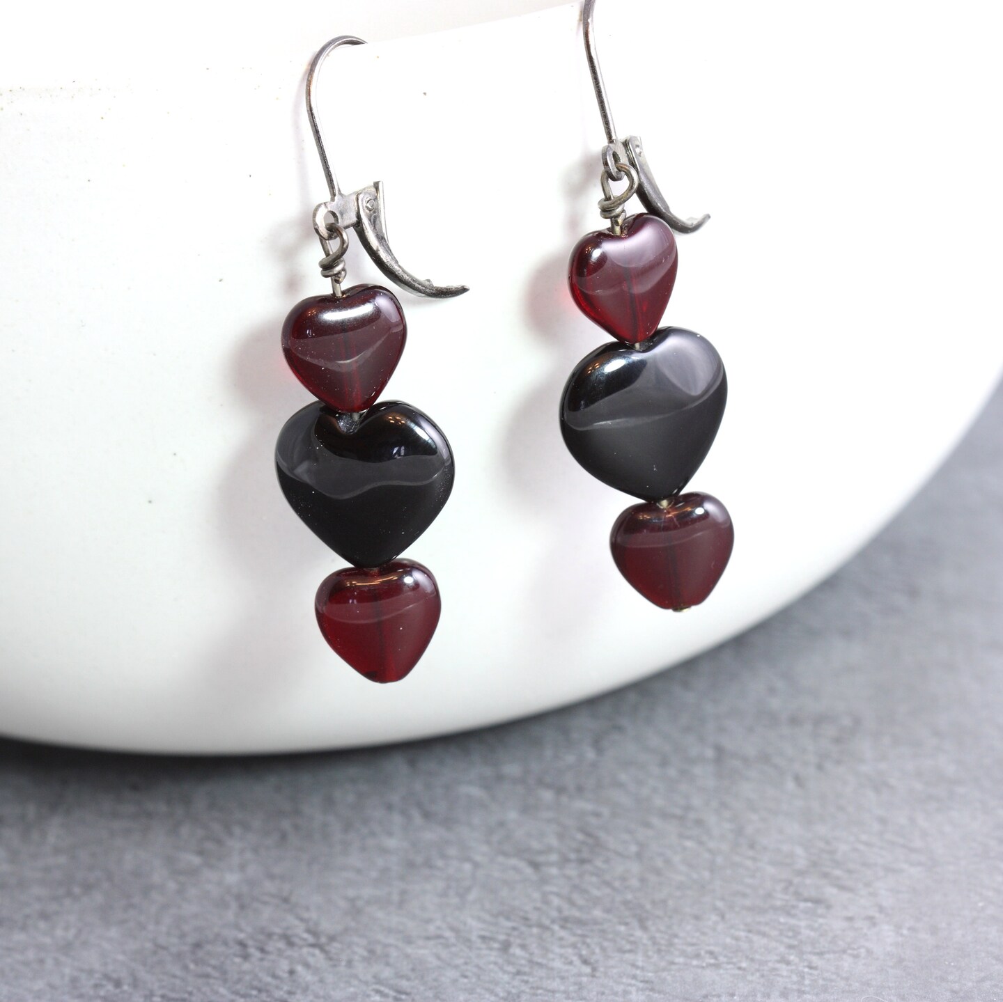 Earrings with red glass bead / Red with authentic black earrings