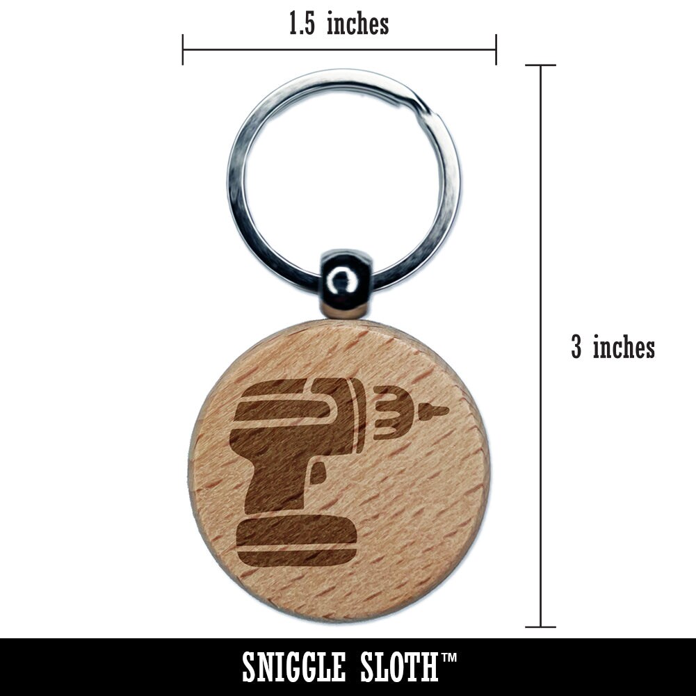 Hand Power Drill Craftsman Tool Engraved Wood Round Keychain Tag Charm