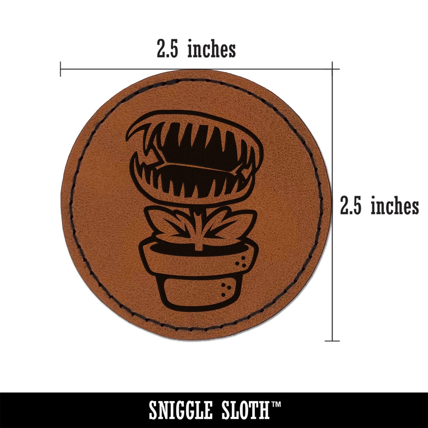 Venus Fly Trap Carnivorous Plant Round Iron-On Engraved Faux Leather Patch Applique - 2.5&#x22;