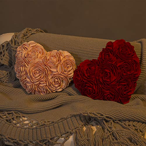 JWH 3D Flower Throw Pillow Cover Aesthetic Decorative Valentines Day Accent Pillow Case Heart Shaped Cushion Handmade Pillowcase for Girls Bed Bedroom Couch Gift 14x16 Inch Red