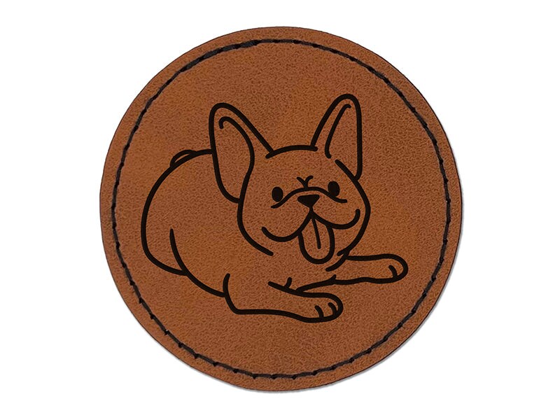 Frenchie Laying Down French Bulldog Dog Round Iron-On Engraved Faux Leather Patch Applique - 2.5&#x22;