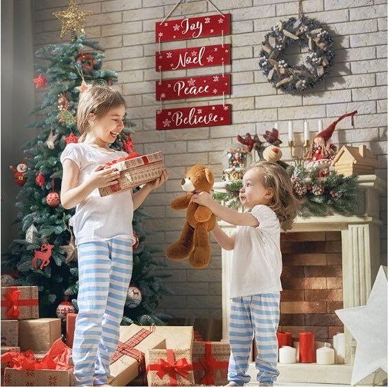 4 Handmade Rustic Christmas Decorations Christmas Vintage Joy Noel Peace Believe Signs Ornaments Wooden Wall Decor Snowflakes Wooden Hanging Plaque (Red, Snowflake) for Living Room Bedroom