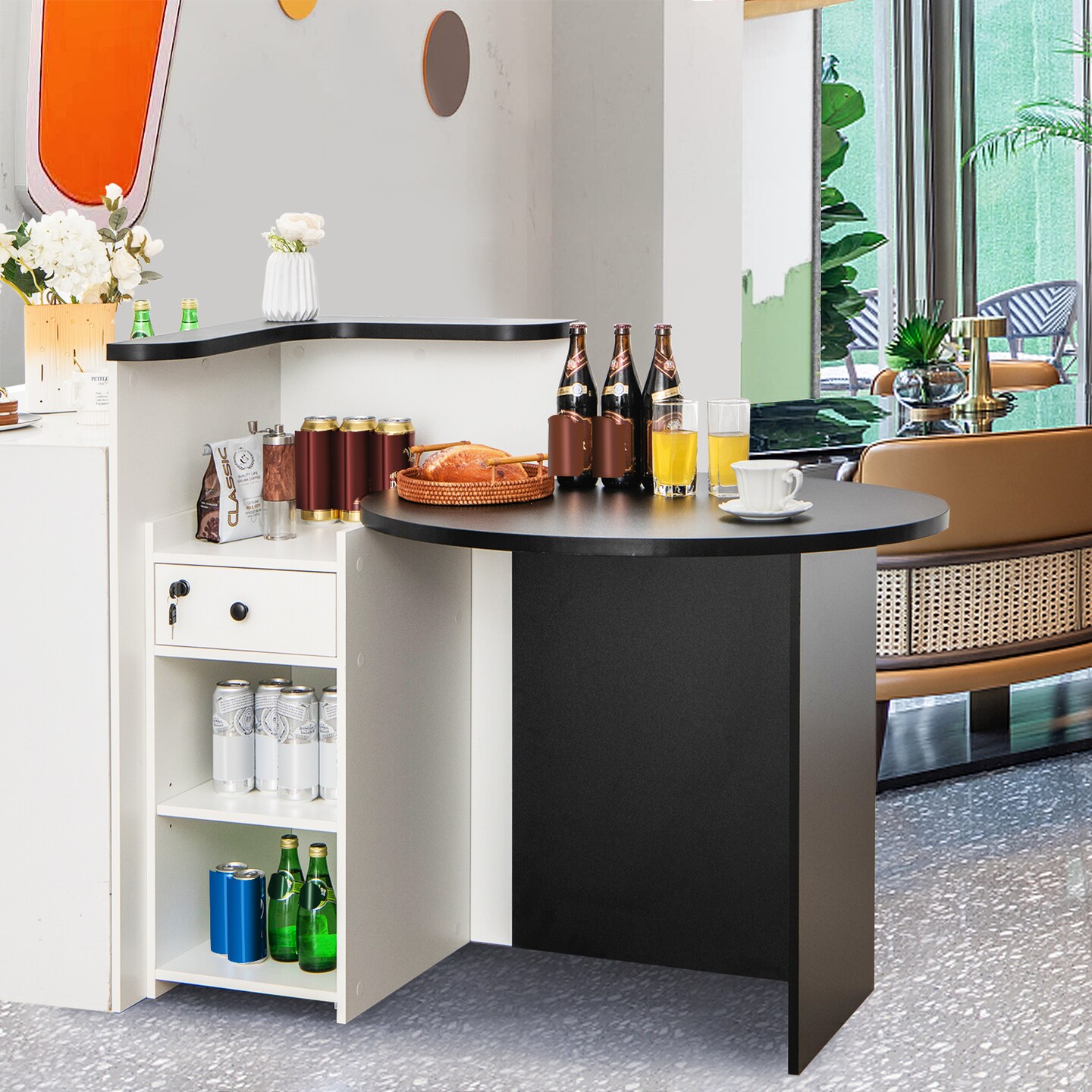 Front Reception Office Desk with Open Shelf and Lockable Drawer-Black &#x26; White